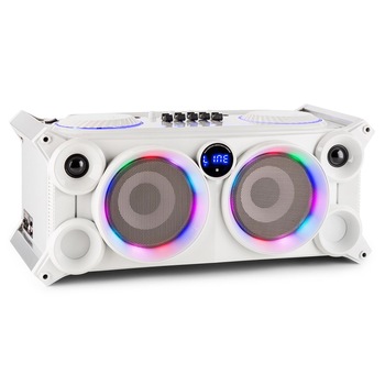 Boxa portabila Ibiza, 120W cu suport tableta, Mixer DJ, Lumini LED. Bluetooth, RadioFM, USB, Card SD, Telecomanda, Alb Boxa portabila Ibiza, 120W cu suport tableta, Mixer DJ, Lumini LED. Bluetooth, RadioFM, USB, Card SD, Telecomanda, Alb