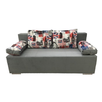 Canapea extensibila London, MobAmbient, Gri, material textil, extensie din plasa de arcuri tip relaxa, cu lada de depozitare, 2 perne mari si 2 cotiere incluse, 200 x 160 cm Canapea extensibila London, MobAmbient, Gri, material textil, extensie din plasa de arcuri tip relaxa, cu lada de depozitare, 2 perne mari si 2 cotiere incluse, 200 x 160 cm