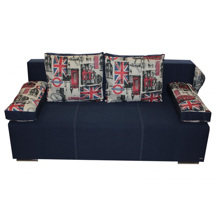 Canapea extensibila London, MobAmbient, Bleumarin cu imprimeu, material textil, extensie din plasa de arcuri tip relaxa, cu lada de depozitare, 2 perne mari si 2 cotiere incluse, 200 x 160 cm