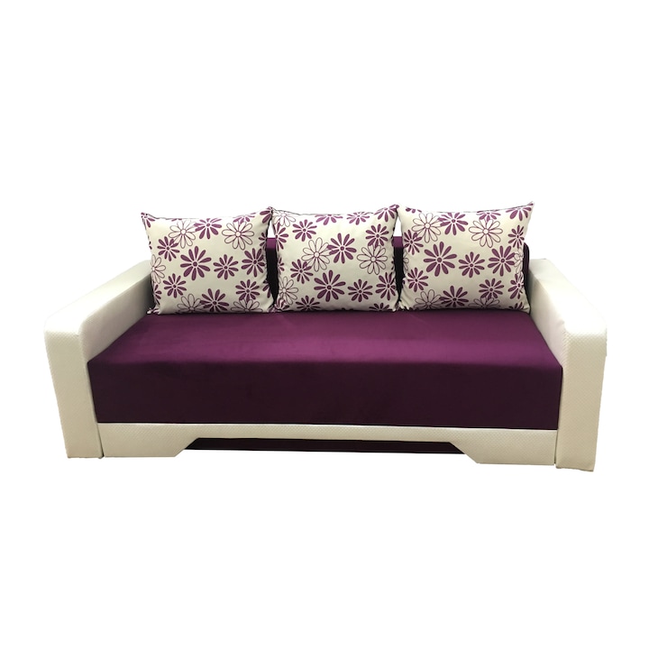 Canapea extensibila Mirela, MobAmbient, Mov Alb, material textil si piele ecologica, extensie din plasa de arcuri tip relaxa, cu lada de depozitare, 3 perne incluse, 220 x 140 cm