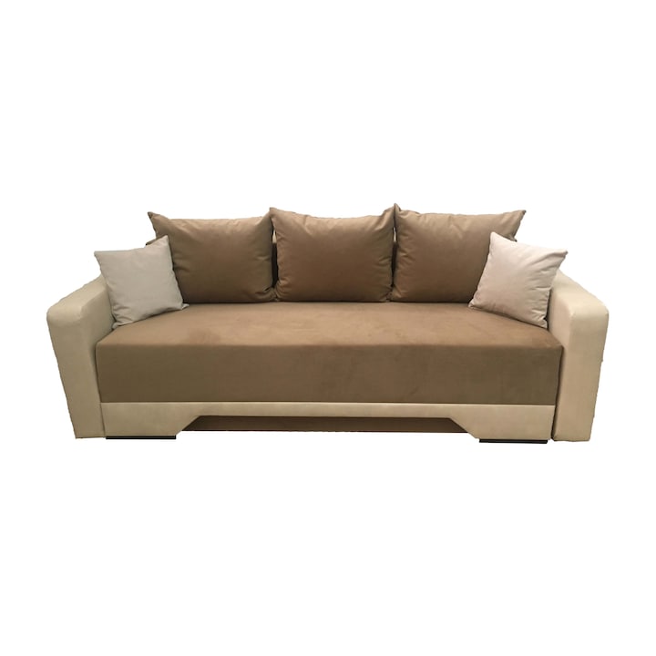 Canapea extensibila Mirela, MobAmbient, Maro Crem, material textil si piele ecologica, extensie din plasa de arcuri tip relaxa, cu lada de depozitare, 3 perne incluse, 220 x 140 cm