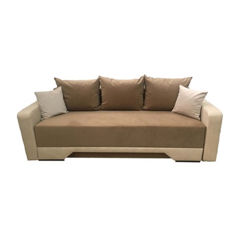 Canapea extensibila Mirela, MobAmbient, Maro Crem, material textil si piele ecologica, extensie din plasa de arcuri tip relaxa, cu lada de depozitare, 3 perne incluse, 220 x 140 cm Canapea extensibila Mirela, MobAmbient, Maro Crem, material textil si piele ecologica, extensie din plasa de arcuri tip relaxa, cu lada de depozitare, 3 perne incluse, 220 x 140 cm