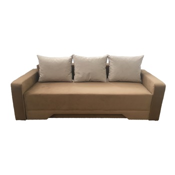 Canapea extensibila Mirela, MobAmbient, Maro, material textil, extensie din plasa de arcuri tip relaxa, cu lada de depozitare, 3 perne incluse, 220 x 140 cm Canapea extensibila Mirela, MobAmbient, Maro, material textil, extensie din plasa de arcuri tip relaxa, cu lada de depozitare, 3 perne incluse, 220 x 140 cm