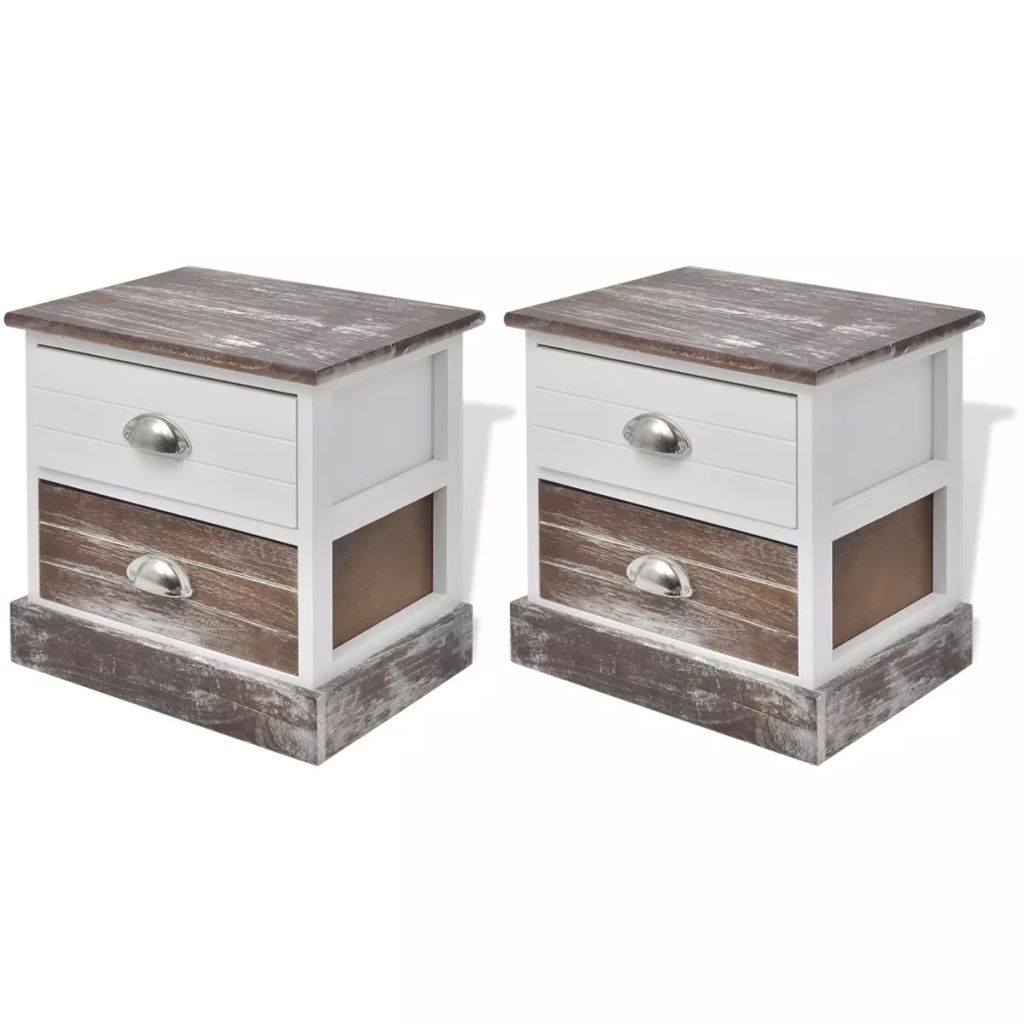 Set de 2 noptiere shabby chic din lemn, 2 buc, maro si alb, 38 x 28 x 38 cm