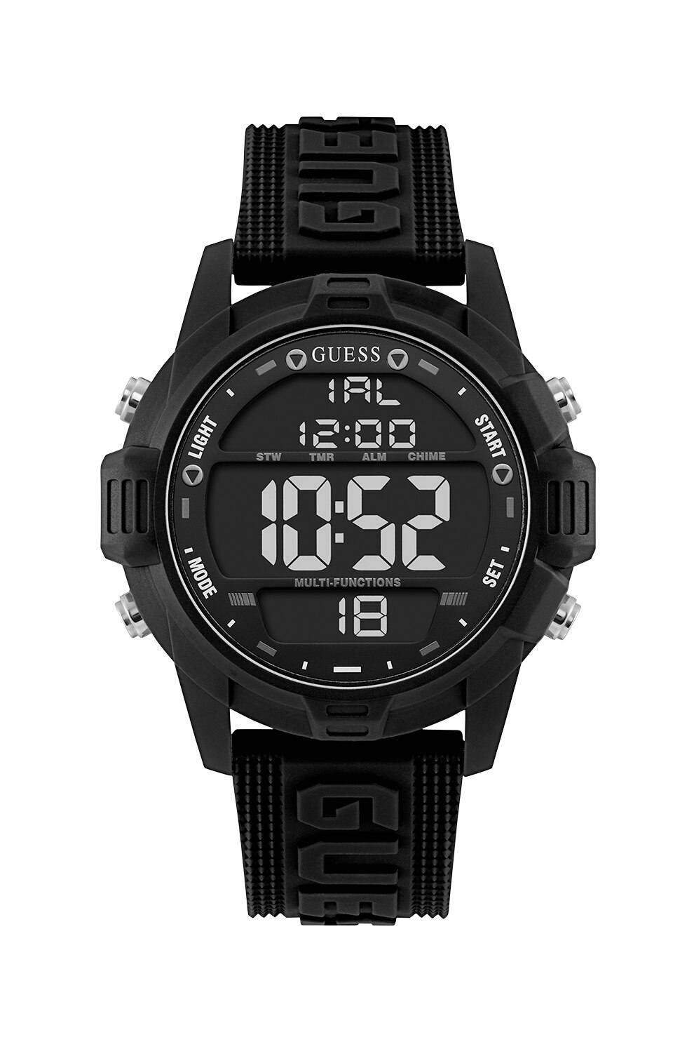 Guess, Ceas digital cu functii multiple si curea cu imprimeu logo, Negru