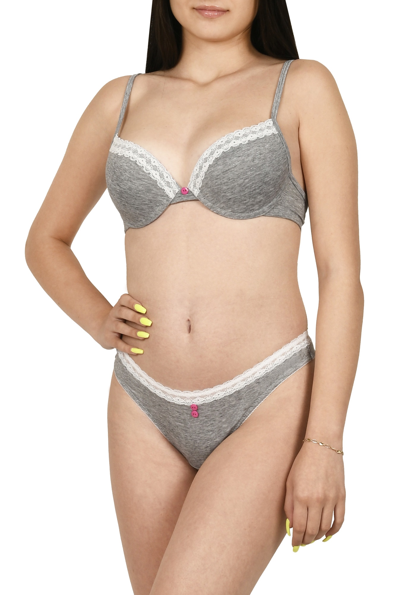 Set sutien cu burete subtire si chilot tanga, Gri