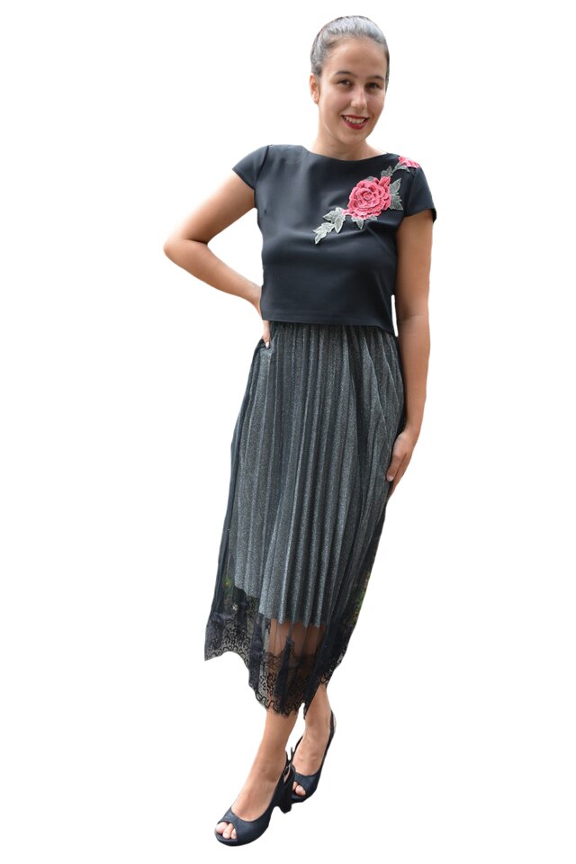 Fusta Heleonore, plisata cu insertii de dantela, D&J Exclussive, Argintiu