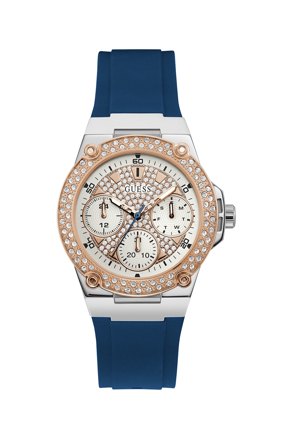 Guess, Ceas cu functii multiple decorat cu cristale, Auriu rose/Argintiu