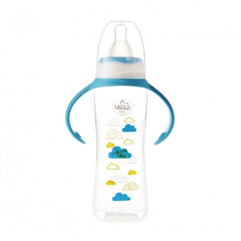 Biberon cu manere 250 ml si tetina silicon 6+ Minut Baby, albastru Biberon cu manere 250 ml si tetina silicon 6+ Minut Baby, albastru