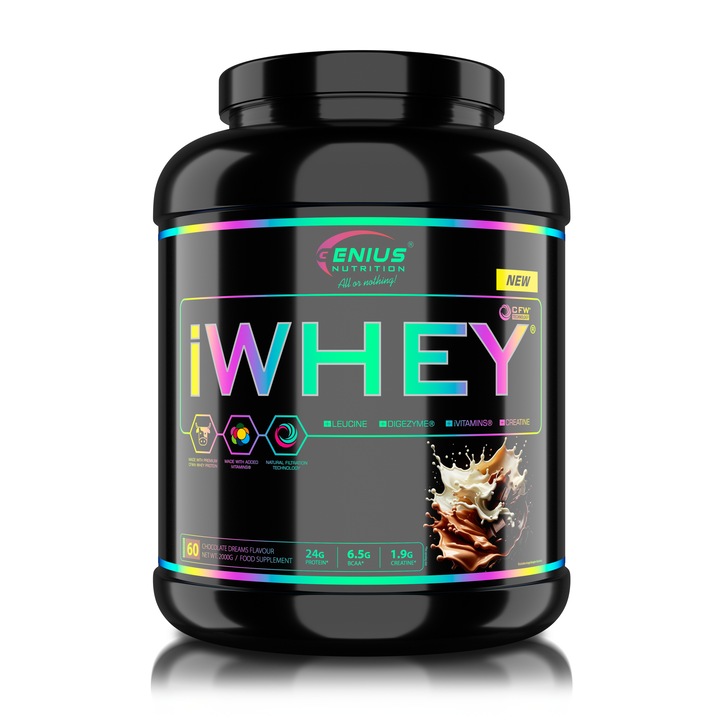 Pudra proteica Genius Nutrition iWhey, Proteina din zer pentru cresterea masei musculare, cu aroma de Chocolate Dreams, 2000 g