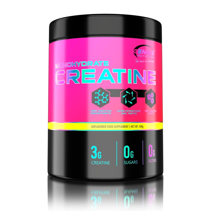Creatine Monohydrate, Creatina Genius Nutrition pudra pentru dezvoltare masa musculara, Fara aroma, 400 g