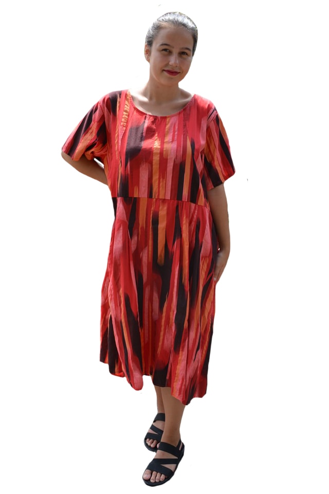 Rochie de vara din bumbac,LaVida, model lejer,imprimeu abstract, D&J Exclussive, Rosu