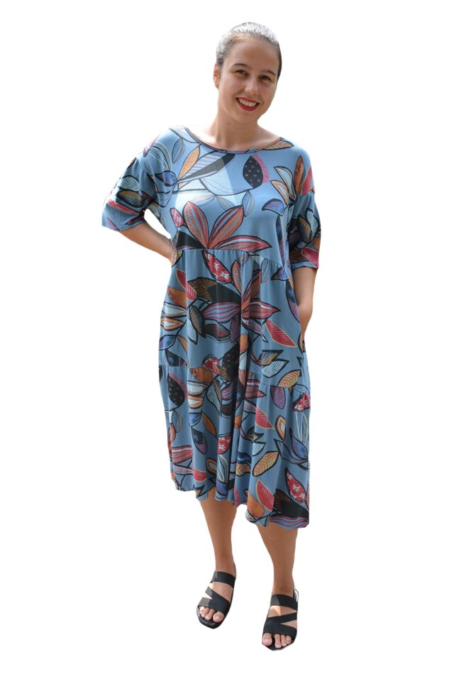 Rochie de vara Nele din bumbac,imprimeu autumn-leaf ,D&J Exclussive, Albastru