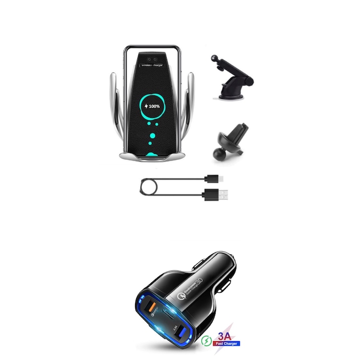 Incarcator auto wireless fast charge 10w, e-smartgadget,pentru iPhone xs,xsmax,8,8+,ventuza+prindere ventilatie