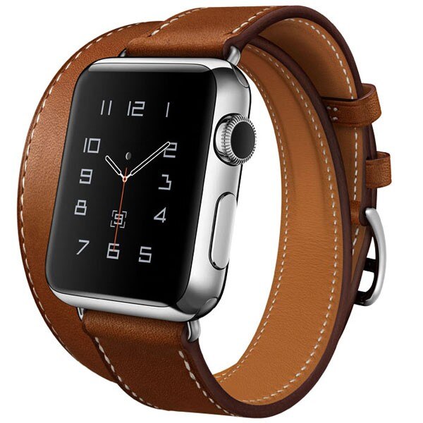 Curea iUni compatibila cu Apple Watch 1/2/3/4/5/6, 44mm, Double Tour, Piele, Maro
