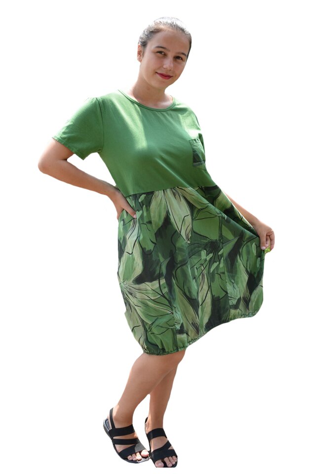 Rochie Giella, lungime asimetrica, model cu flori partea de jos, D&J Exclussive, Verde