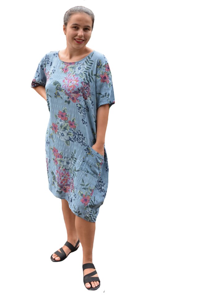 Rochie Fabia, din bumbac, imprimeu floral, D&J Exclussive, albastru, Albastru