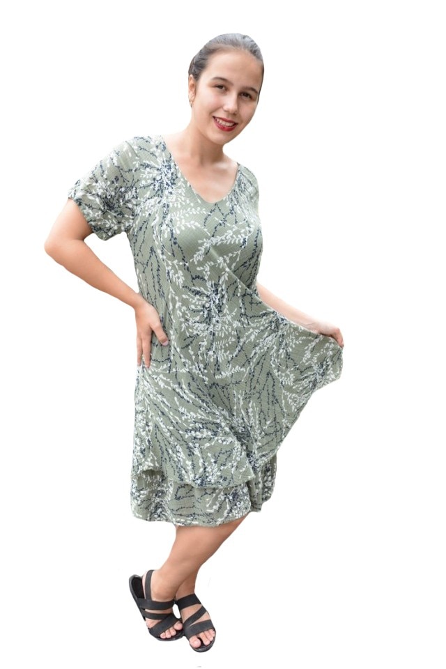 Rochie de vara din bumbac Amanda,cambrata,imprimeu crenguta,D&J Exclussive, Kaki