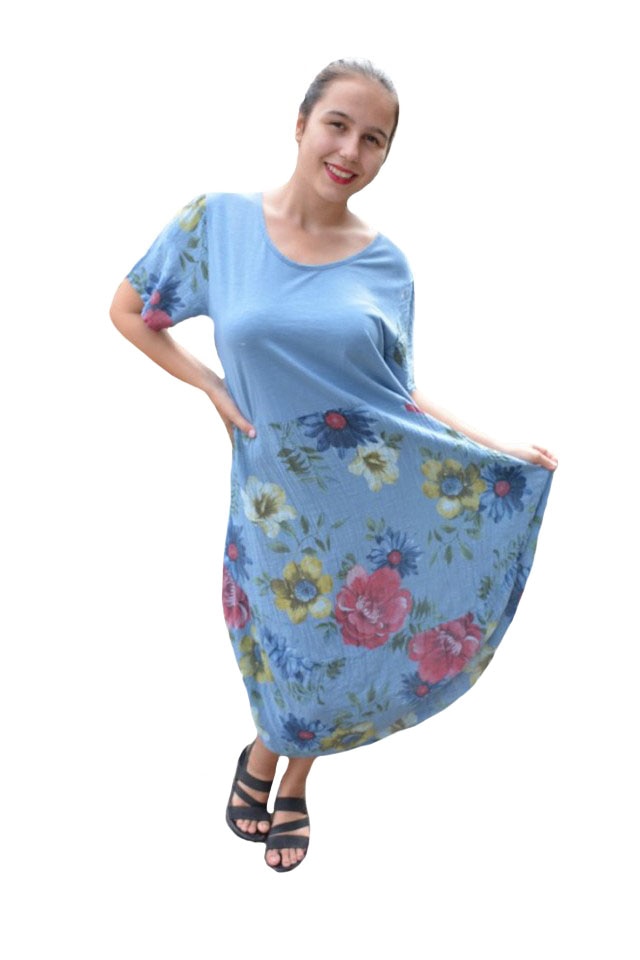 Rochie de vara Hodierna din bumbac, model lejer,imprimeu cu flori partea de jos si maneci,D&J Exclussive, Albastru