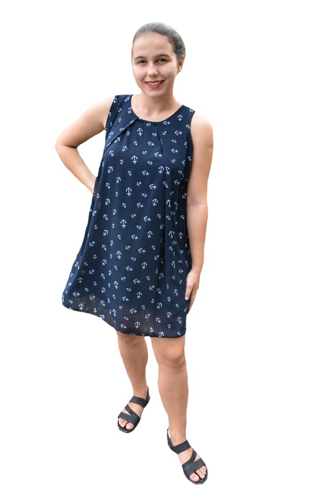 Rochie de vara Aase cu aplicatii de voal si imprimeu tip ancora,D&J Exclussive, Bleumarin