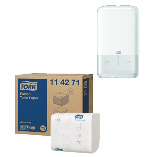 Pachet Hartie igienica Tork Bulk 114271, gama Advanced, 2 straturi, 36 pachete/bax, culoare alb si Dozator Hartie Igienica Portionata Tork Folded 556000, culoarea alb