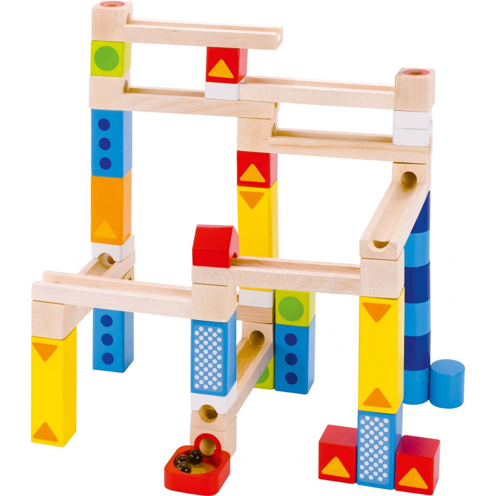 Set constructie - Cursa bilelor 55 bucati din lemn masiv,Goki