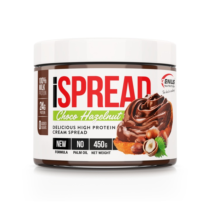 Crema proteica de ciocolata cu alune, Genius Nutrition iSPREAD, tartinabila, fara zahar, 450 g