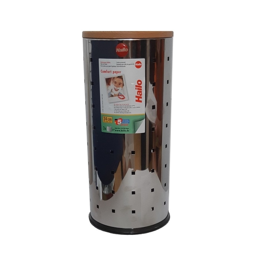 Suport inox pentru rezerva hartie igienica 3 bucati, cu capac din lemn, inaltime 34 cm, Hailo