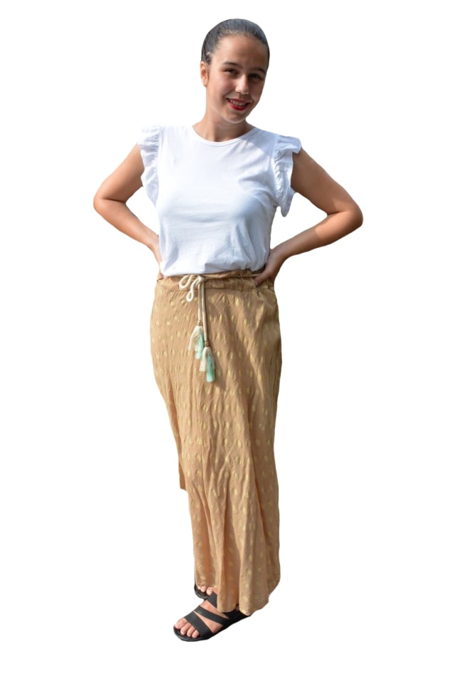 Fusta dama Alexandra, imprimeu cu buline aurii, D&J Exclussive, maro, Maro