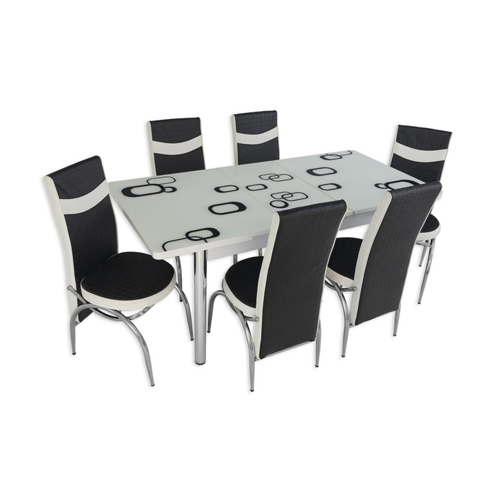 Set masa extensibila Alb Patrat 810/6 cu 6 scaune din piele ecologica, dreptunghiulara, blat din sticla securizata si PAL, picioare inox, negru/alb, 130x78x80 cm
