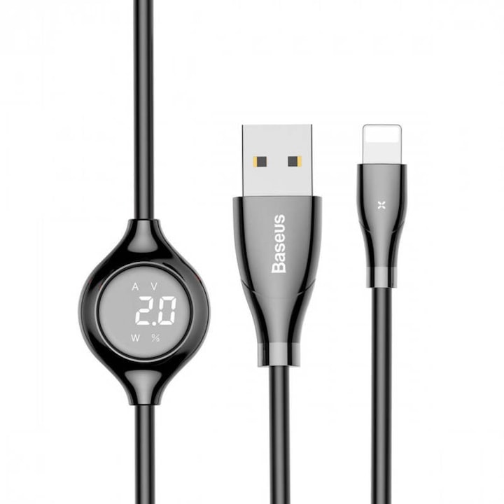 Baseus Digital Display Lightning USB Cable - Lightning кабел с измерване на ток, напрежение и консумация за iPhone, iPad и iPod с Lightning (черен)