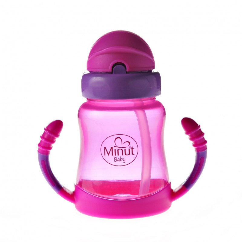 Cana anticurgere cu manere si pai silicon Minut Baby roz , 6+, 210 ml