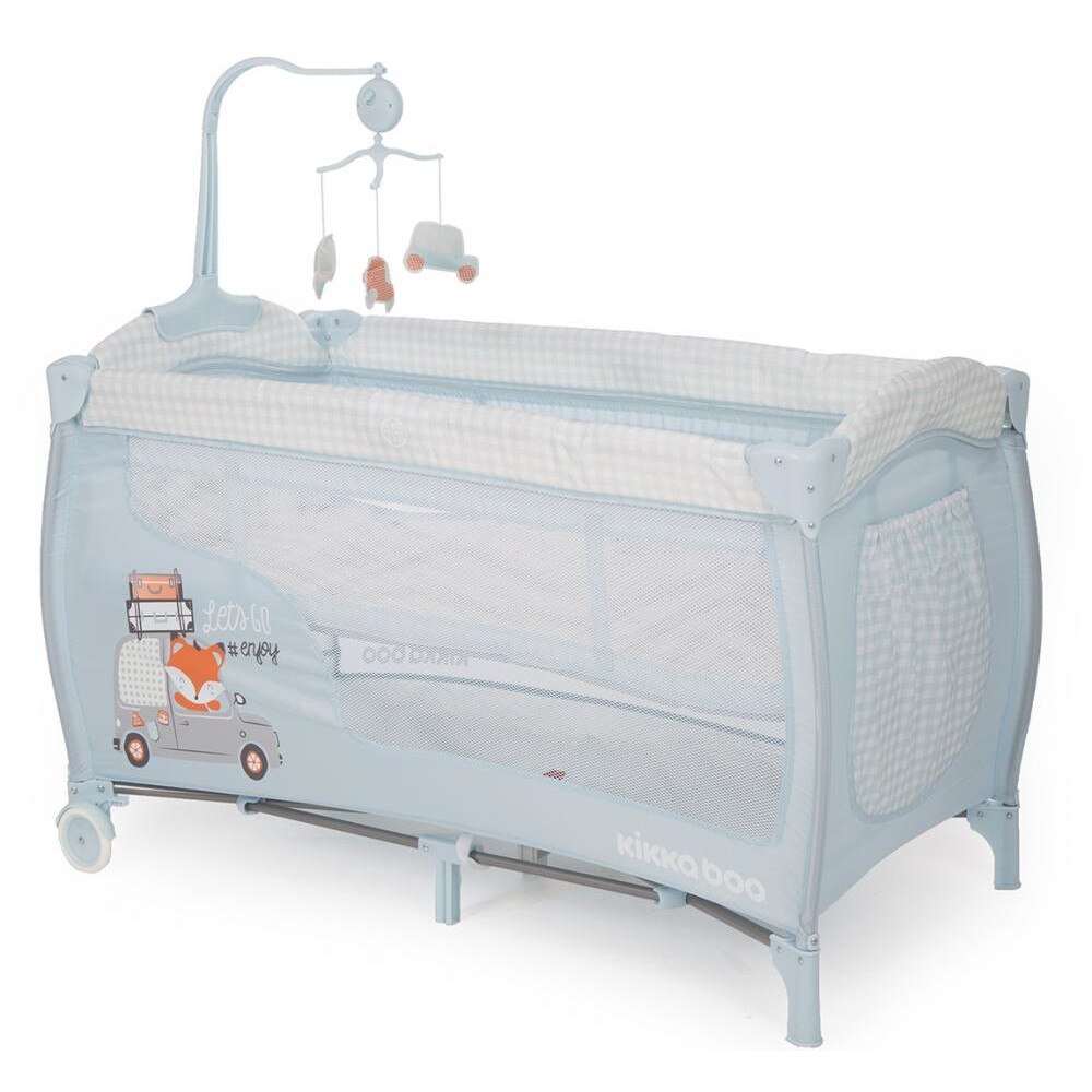 Patut pliabil KikkaBoo cu doua nivele si carusel Dolce Sonno Blue Foxy