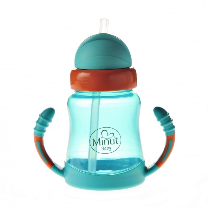 Cana anticurgere cu manere si pai silicon Minut Baby, verde, 6+, 210 ml