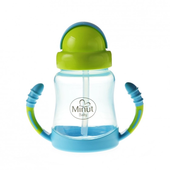 Чаша против разливане с дръжки и силиконова сламка Minut Baby, синя, 6+, 210 мл