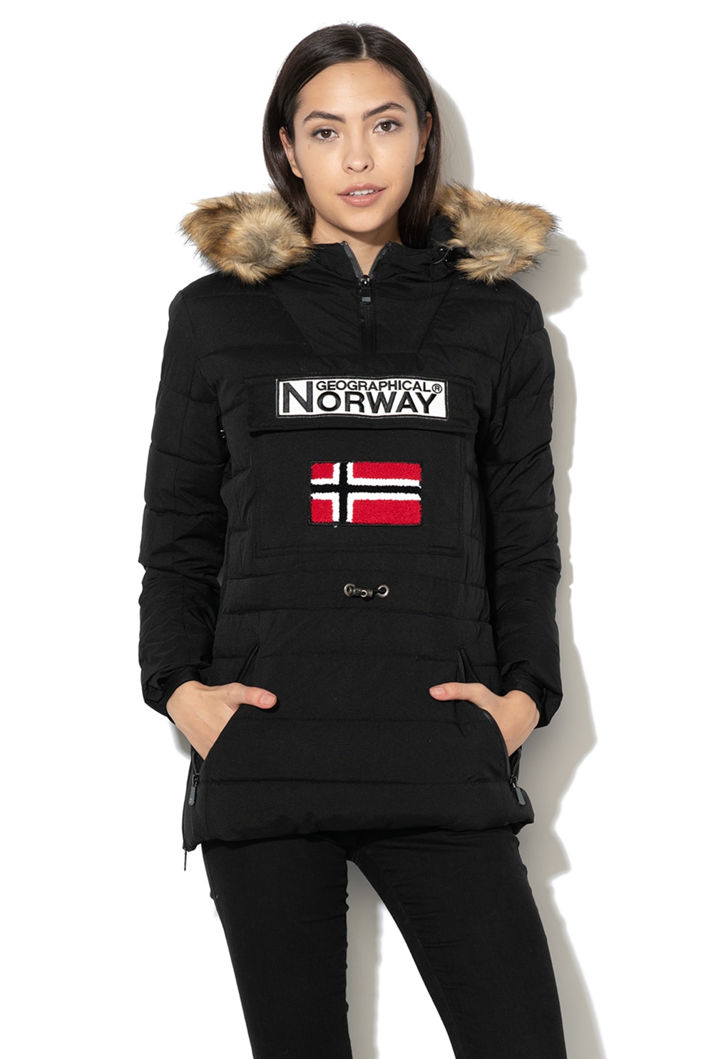 Geographical Norway, Geaca cu garnitura de blana sintetica detasabila, fara inchidere Belinda, Negru