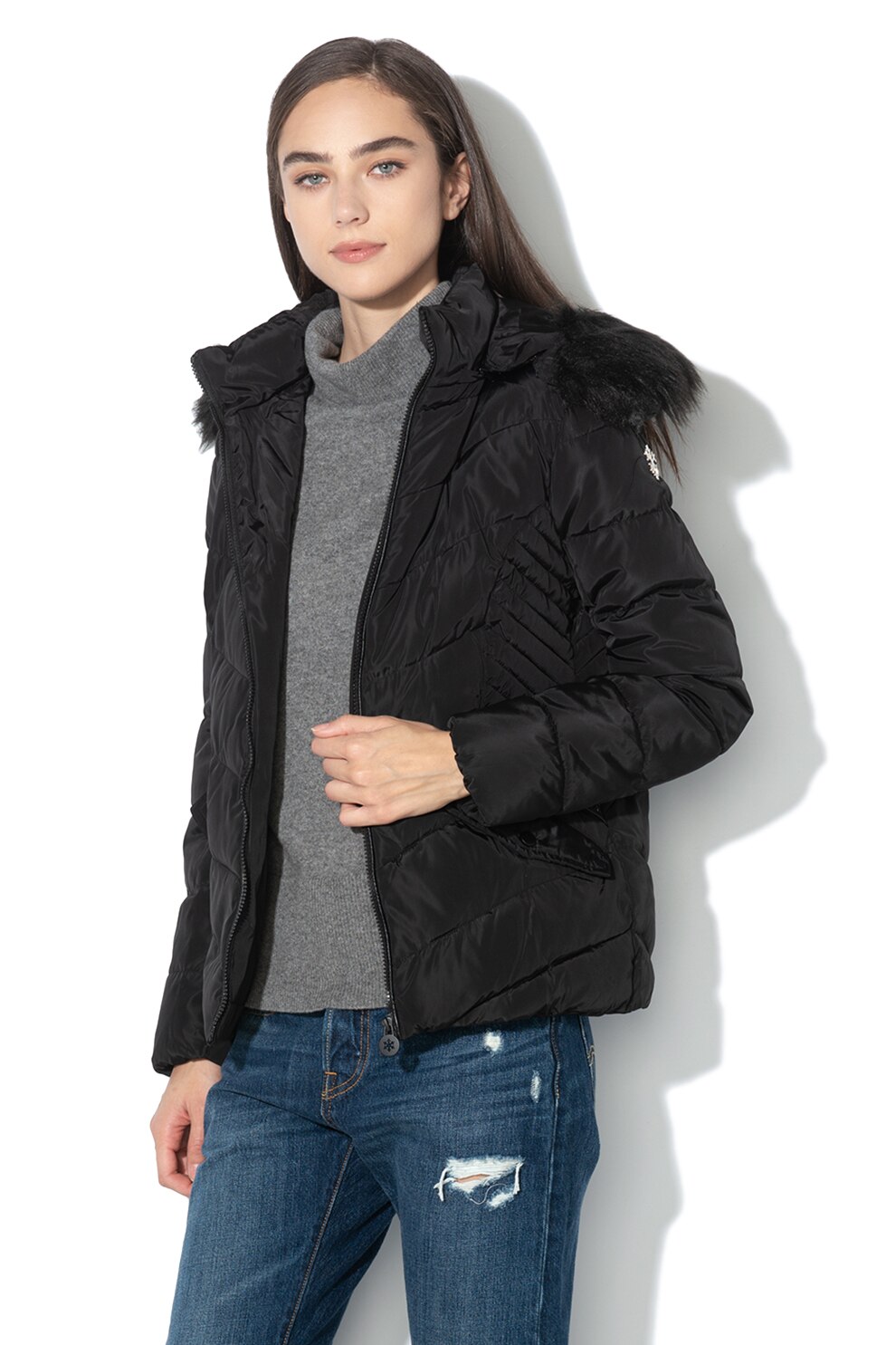 Geographical Norway, Geaca cu garnitura detasabila din blana sintetica Chips, Negru