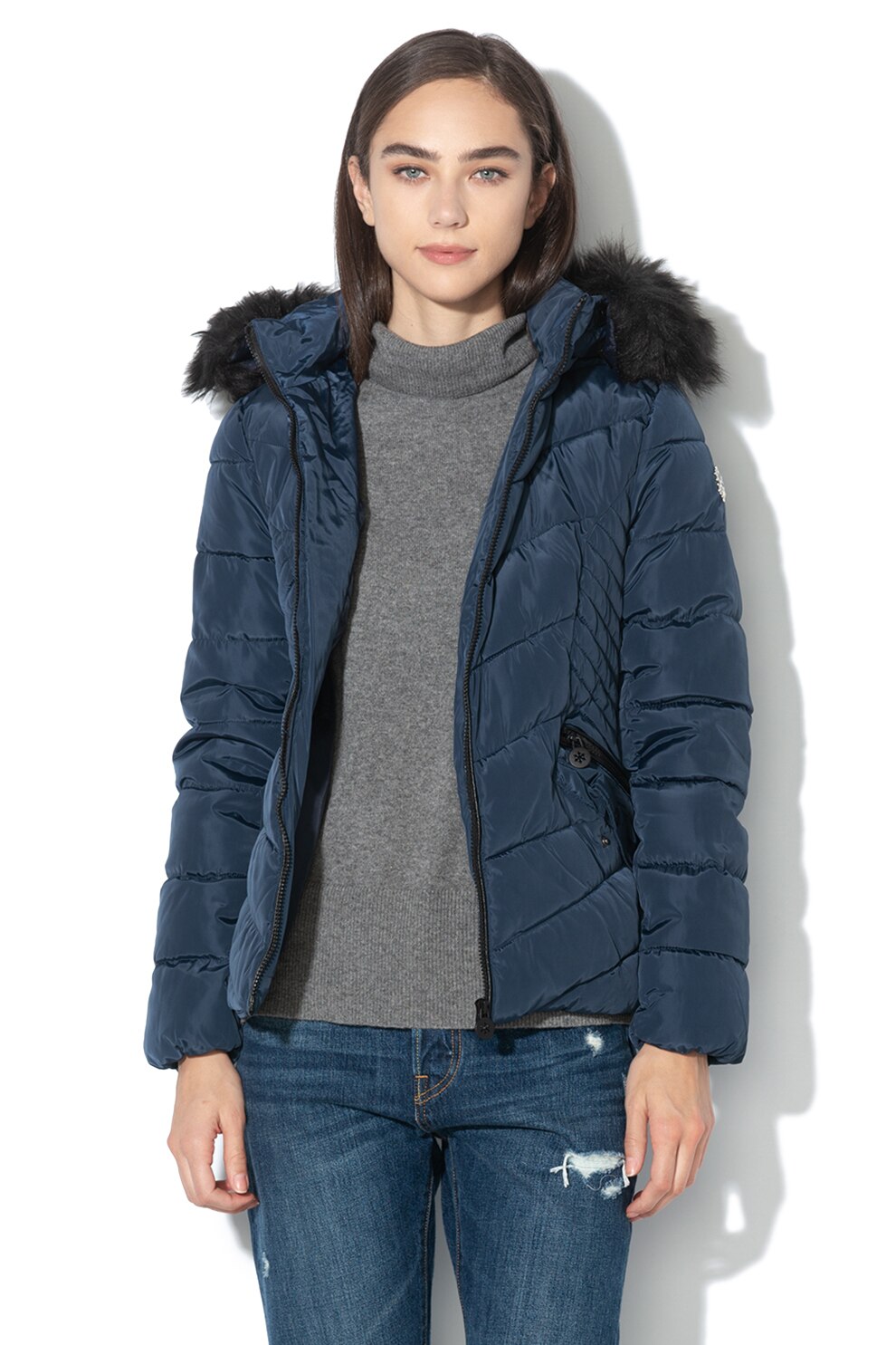 Geographical Norway, Geaca cu garnitura detasabila din blana sintetica Chips, Albastru marin