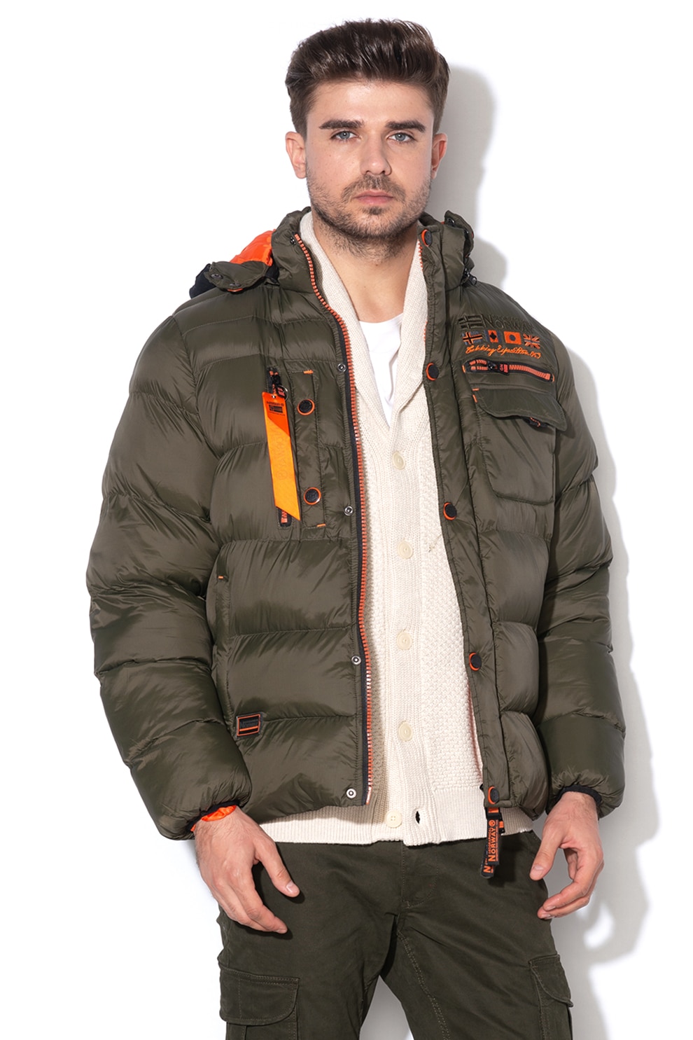 Geographical Norway, Geaca cu vatelina si gluga Citernier, Verde militar/Oranj
