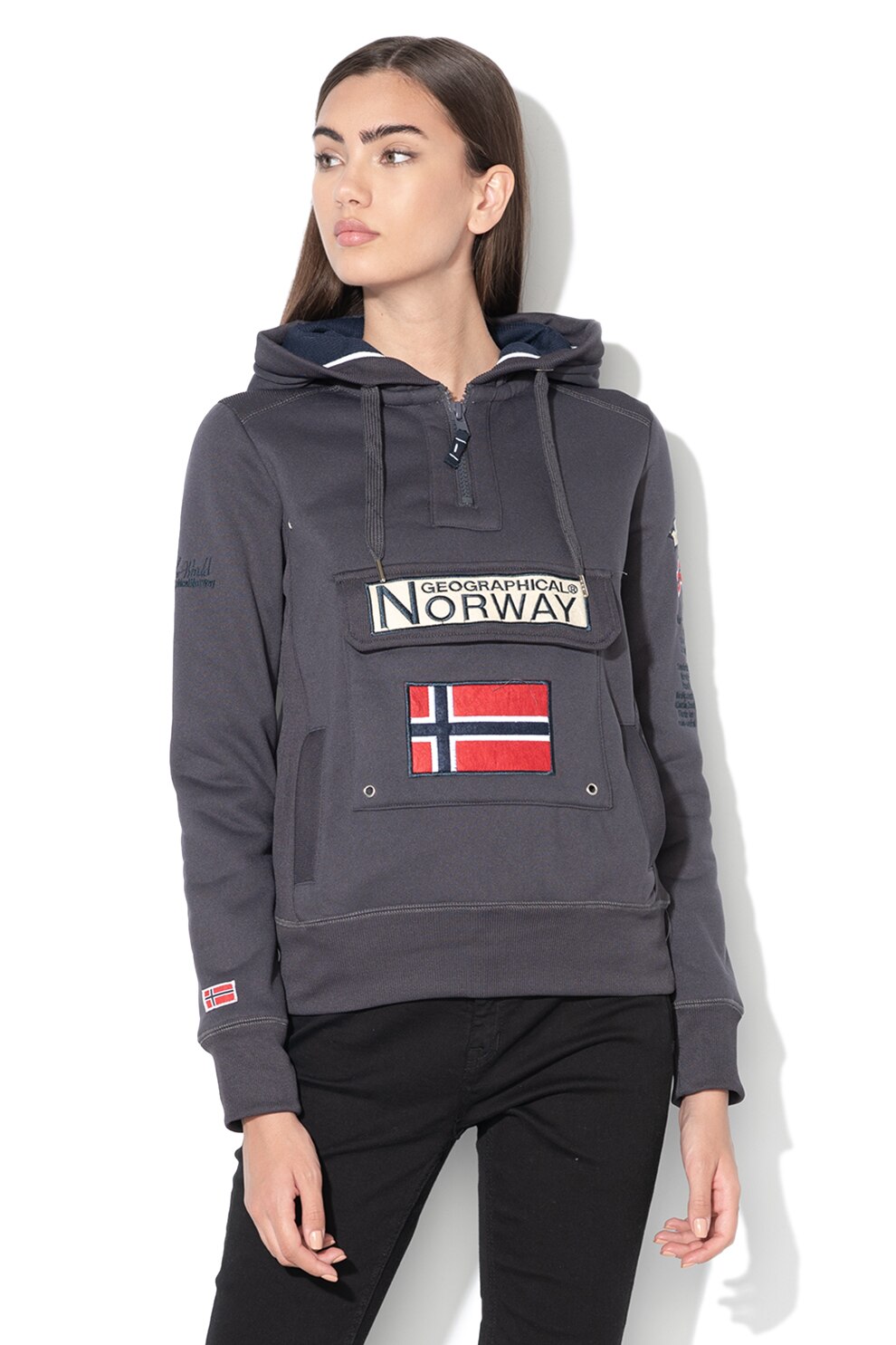 Geographical Norway, Hanorac cu buzunar frontal si captuseala din fleece Gymclass, Gri inchis