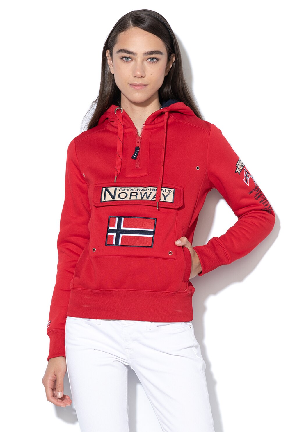 Geographical Norway, Hanorac cu buzunar frontal si captuseala din fleece Gymclass, Rosu