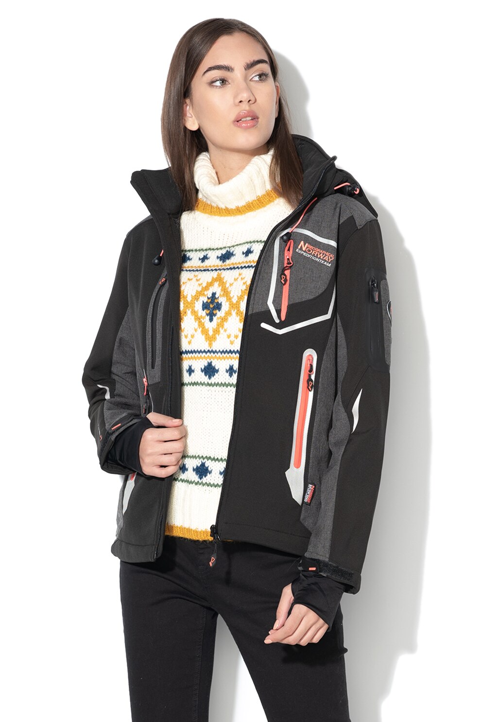 Geographical Norway, Jacheta impermeabila cu fermoar si gluga Tahiti, Negru/Gri