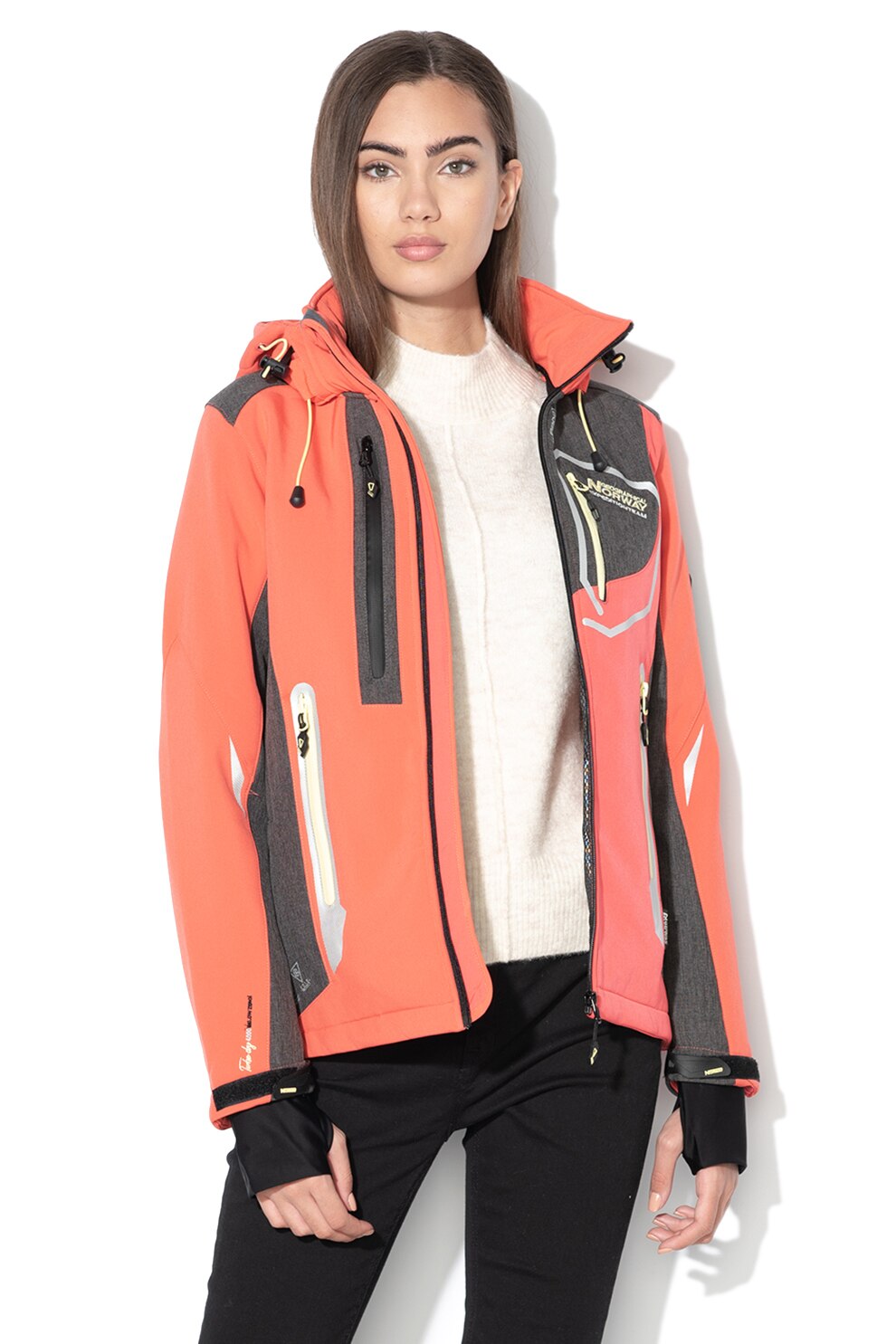 Geographical Norway, Jacheta impermeabila cu fermoar si gluga Tahiti, Corai/Gri