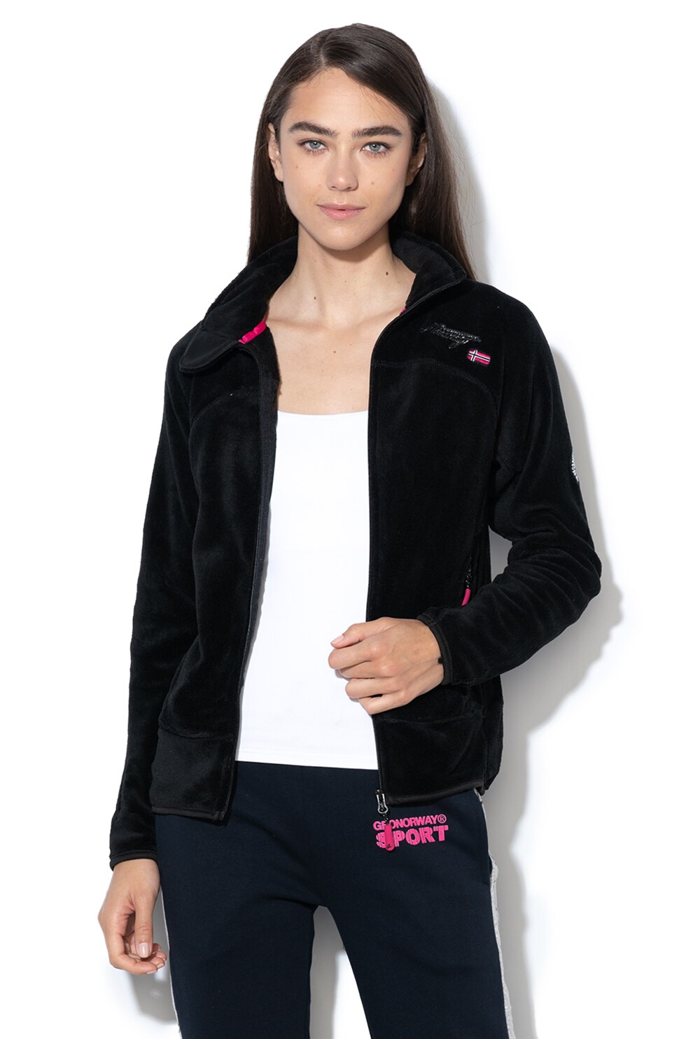 Geographical Norway, Bluza sport din material teddy, cu fermoar Upaline, Negru