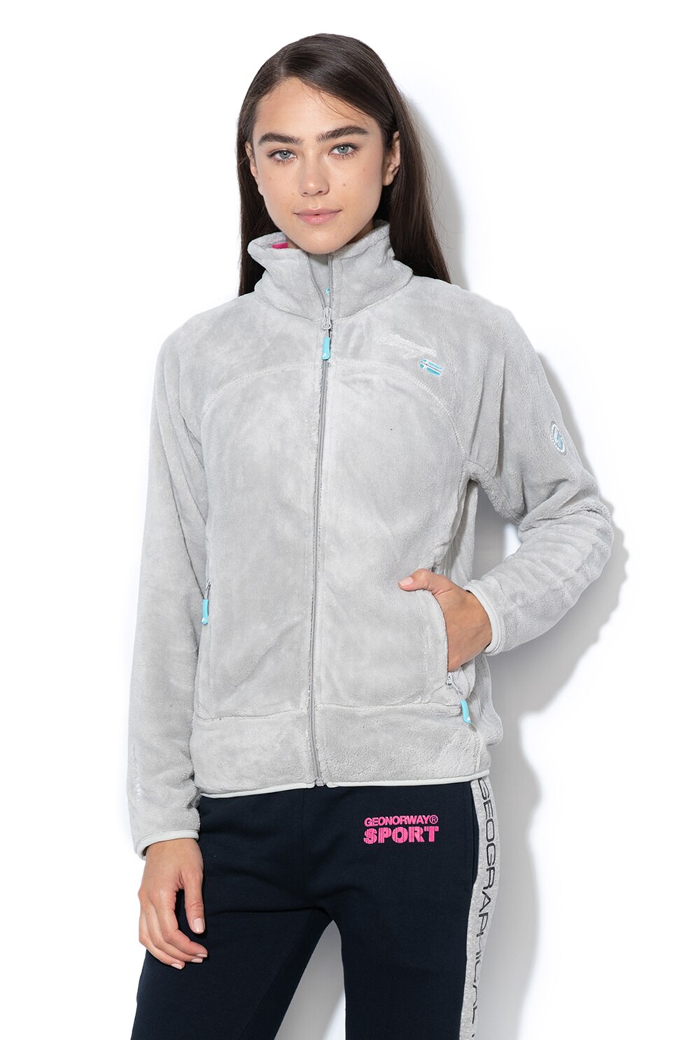 Geographical Norway, Bluza sport din material teddy, cu fermoar Upaline, Gri deschis melange