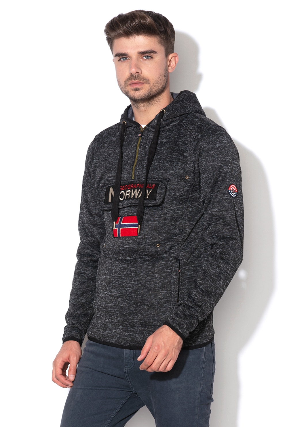 Geographical Norway, Hanorac tricotat cu buzunar frontal aplicat Upclass, Gri inchis melange/Negru