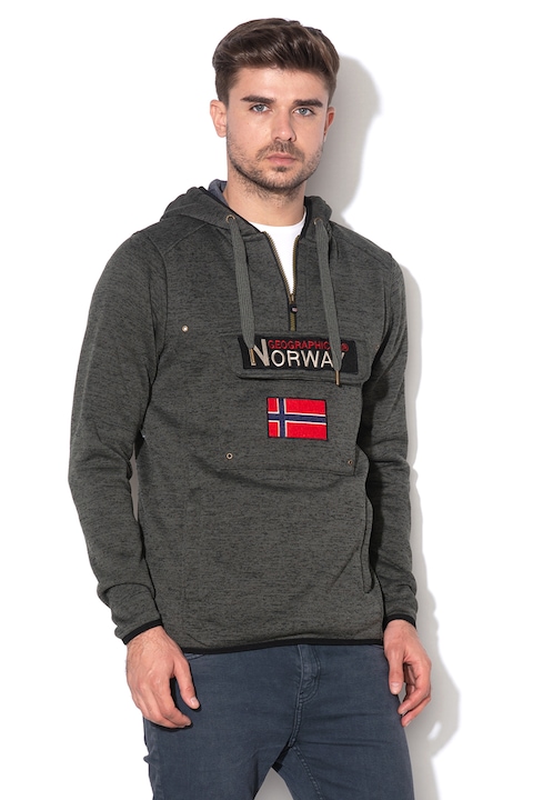 Geographical Norway, Upclass kapucnis kötött pulóver foltzsebbel a mellrészén, Melange szürke/fekete, XXL