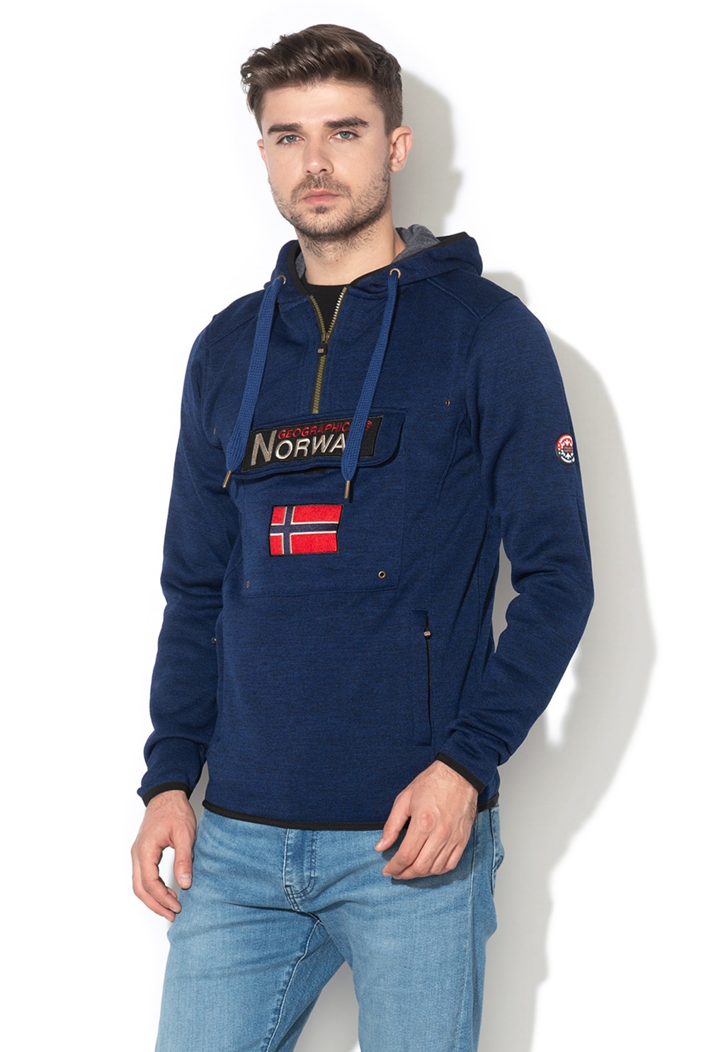Geographical Norway, Hanorac tricotat cu buzunar frontal aplicat Upclass, Albastru inchis melange/Negru
