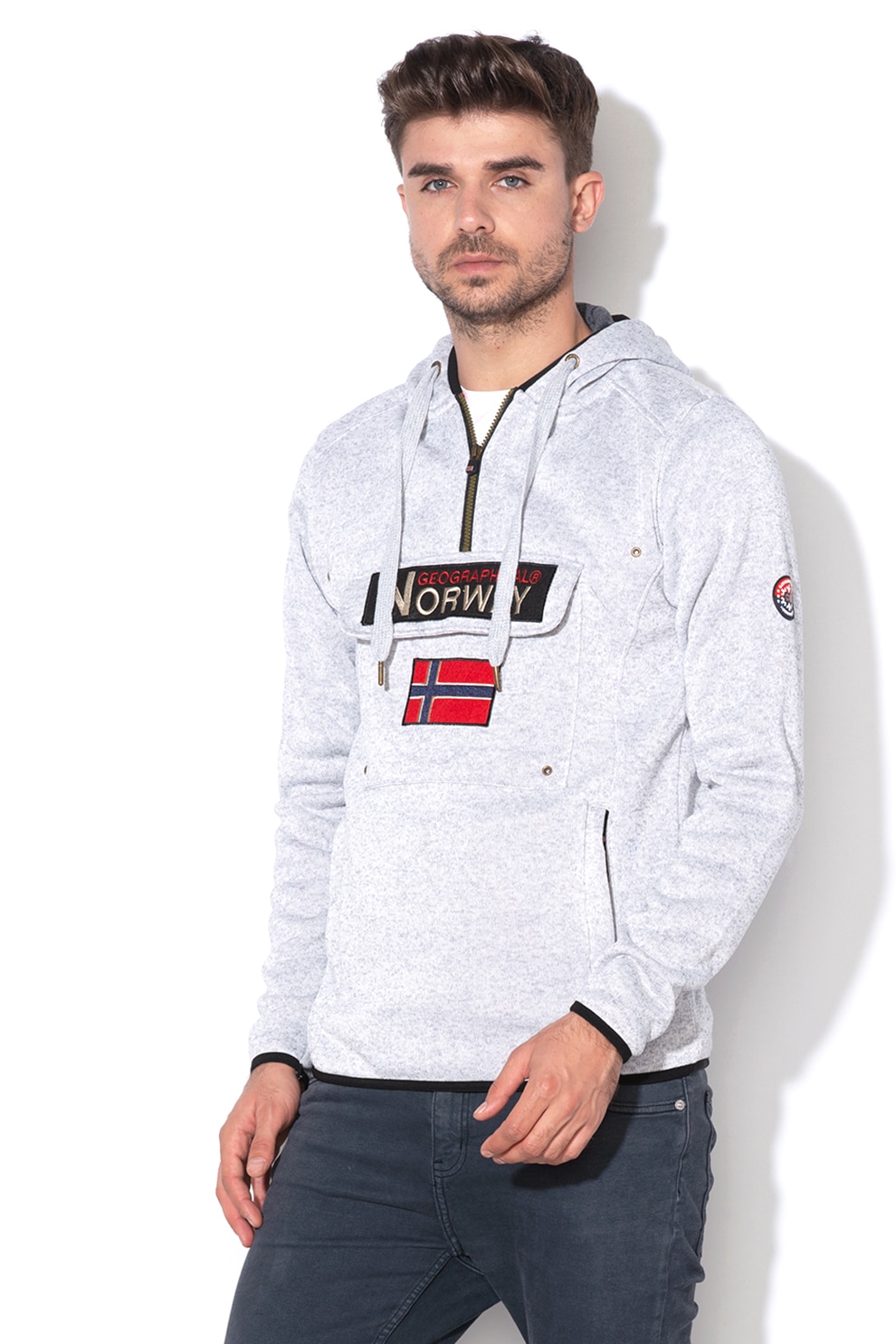 Geographical Norway, Hanorac tricotat cu buzunar frontal aplicat Upclass, Gri deschis melange/Rosu