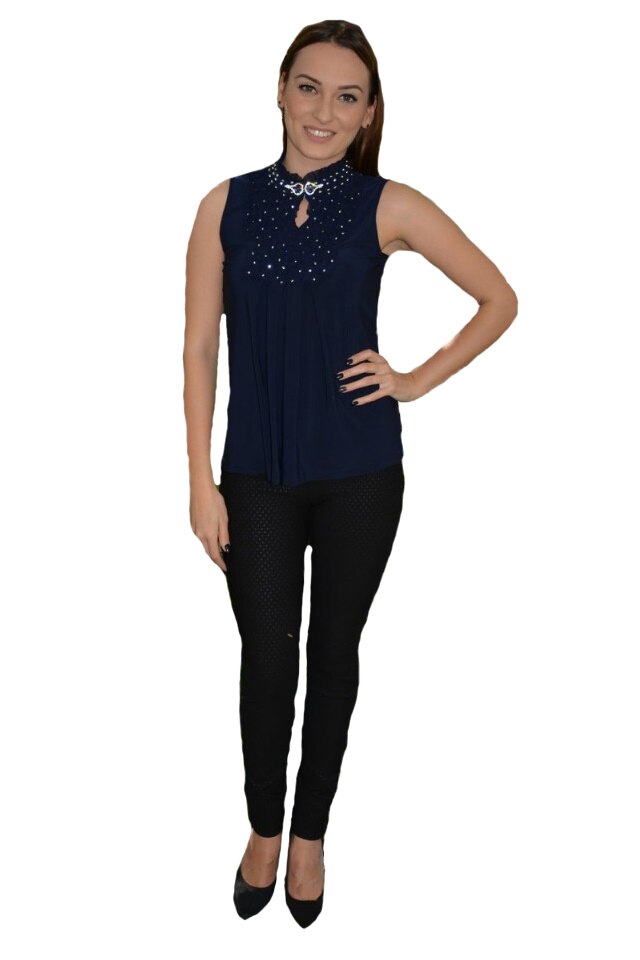 Bluza cu volanase in fata, model elegant fara maneci,D&J Exclussive, Albastru marin